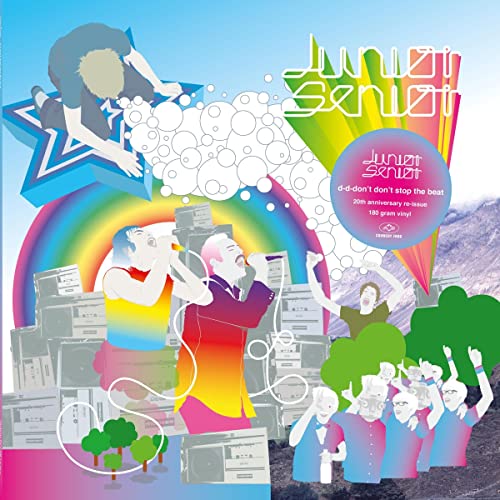 Junior Senior album cover featuring colorful illustrations of band members and a crowd.