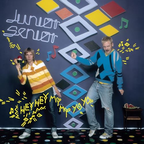 Album cover for Junior Senior featuring two people and colorful geometric shapes.