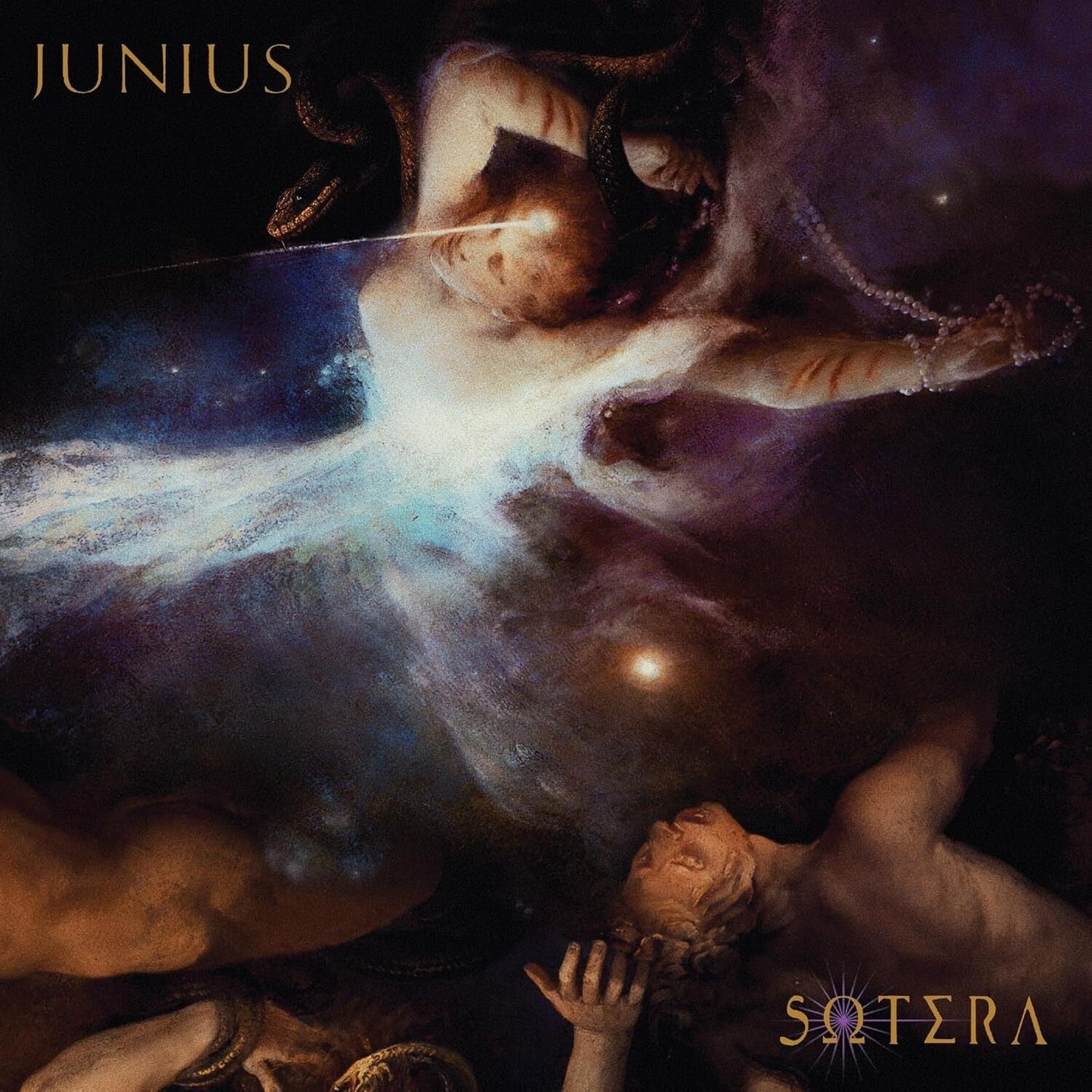 Album cover for Junius’ “Sotera” featuring celestial imagery and figures.