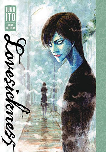 A blue-skinned woman with white eyes looks over her shoulder on a foggy street.