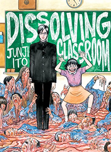 A boy and a girl stand before a chalkboard surrounded by melting, dissolving people.