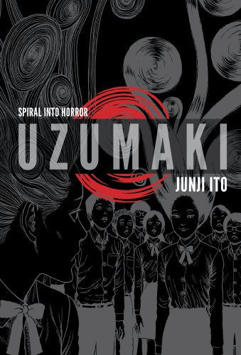 Black and white manga cover featuring students beneath swirling patterns and a red spiral.