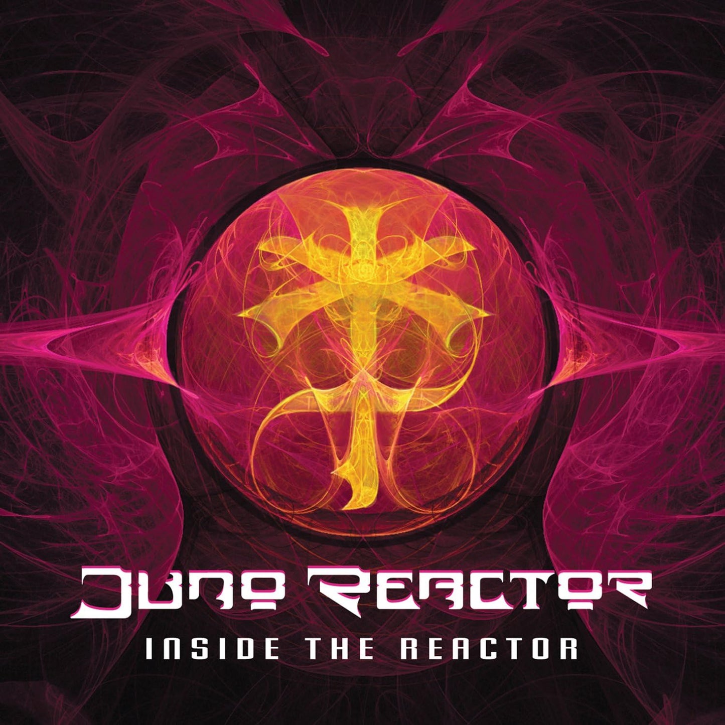 CD cover for Juno Reactor’s “Inside The Reactor” with abstract, fiery design.
