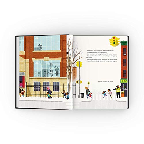 Open book showing an illustrated city scene with children walking past a school building.