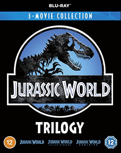 Jurassic World 3-film Blu-ray boxset with dinosaur skeleton logo.