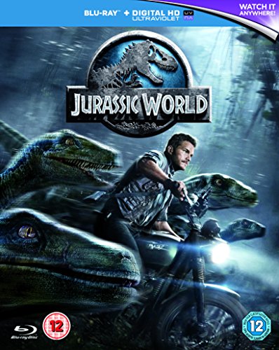 Jurassic World DVD cover featuring dinosaurs, a man on a motorcycle.