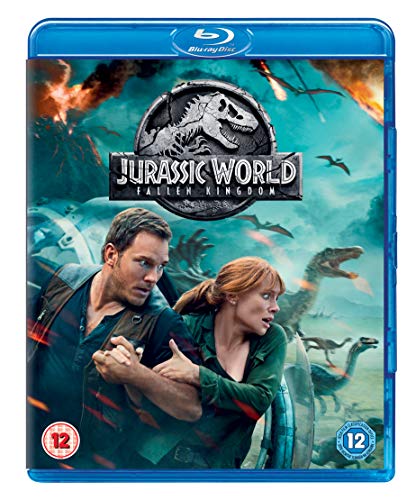 Jurassic World: Fallen Kingdom" Blu-ray cover with dinosaurs and actors.