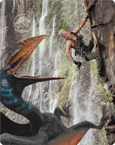 Jurassic World: woman rappels as dinosaurs loom near a waterfall.