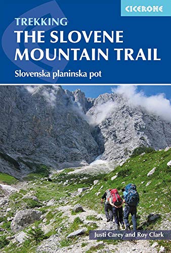 Book cover: Slovene Mountain Trail guide with mountain landscape and hikers.
