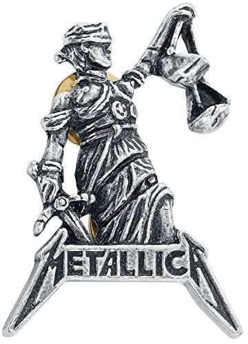 Silver Lady Justice pin badge with Metallica logo and sword.