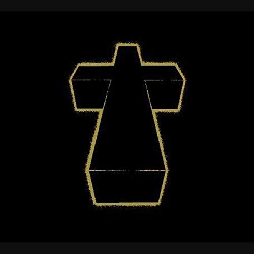Gold geometric cross symbol on a black background, album cover art.