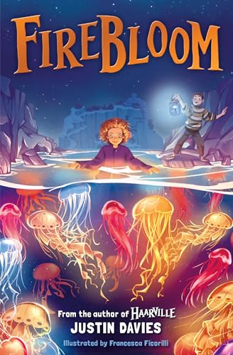 Book cover titled Firebloom featuring two children above water and glowing jellyfish below.
