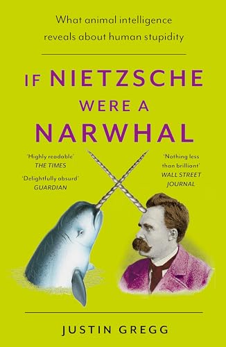 Book cover: narwhal with tusk beside a portrait of Friedrich Nietzsche.