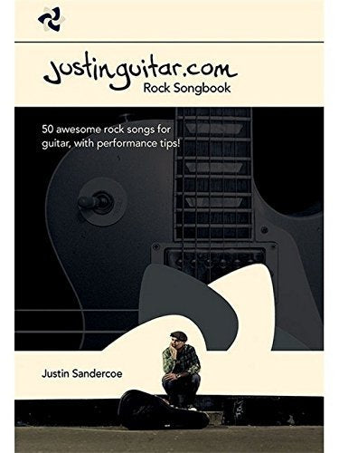 Cover of Justinguitar.com Rock Songbook featuring a guitar graphic and Justin Sandercoe.