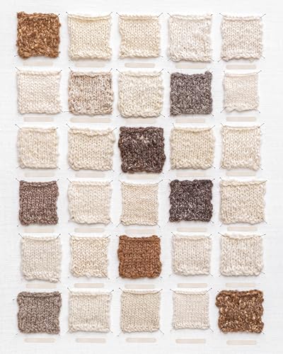 A grid of thirty small, knitted wool squares in various shades of white and brown.
