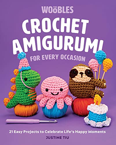 Colorful crocheted amigurumi animals and objects on a plain background with text and patterns.