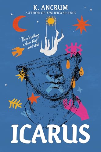 Book cover: blue background, falling figure, broken statue, and stars.