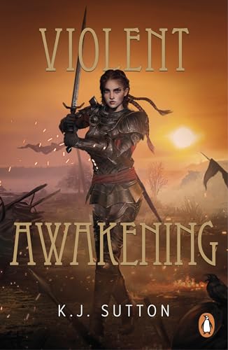 Book cover: armored woman with sword, battlefield background, sunset.