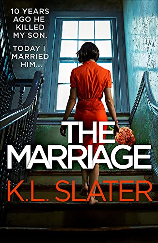 Book cover: woman on stairs, red dress, dramatic lighting, text “The Marriage”.