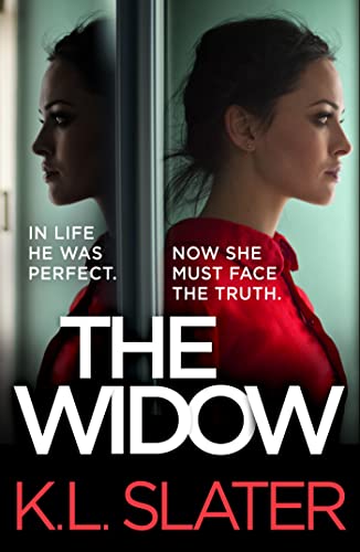 Book cover: woman’s face reflected in a mirror, title “The Widow”.