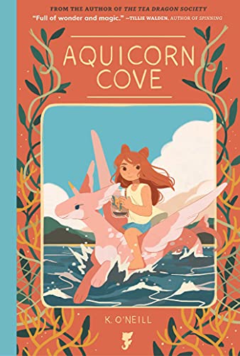 Book cover: girl riding a pink Aquicorn through ocean waves.
