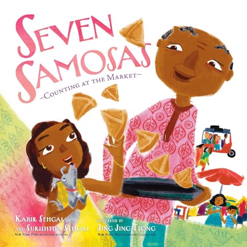 Children’s book cover with illustrations of people and golden samosas.