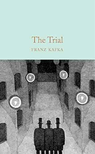Book cover: "The Trial" by Franz Kafka, with figures in a corridor.