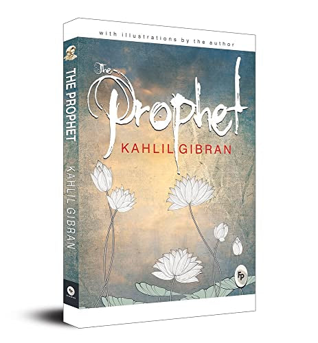 Book cover of The Prophet by Kahlil Gibran featuring white lotus illustrations on blue.