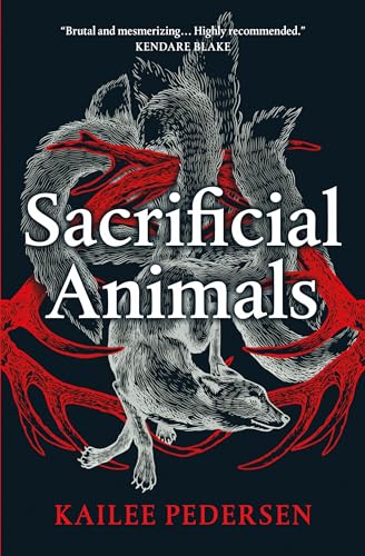Book cover: "Sacrificial Animals" with illustrations of foxes and red antlers.
