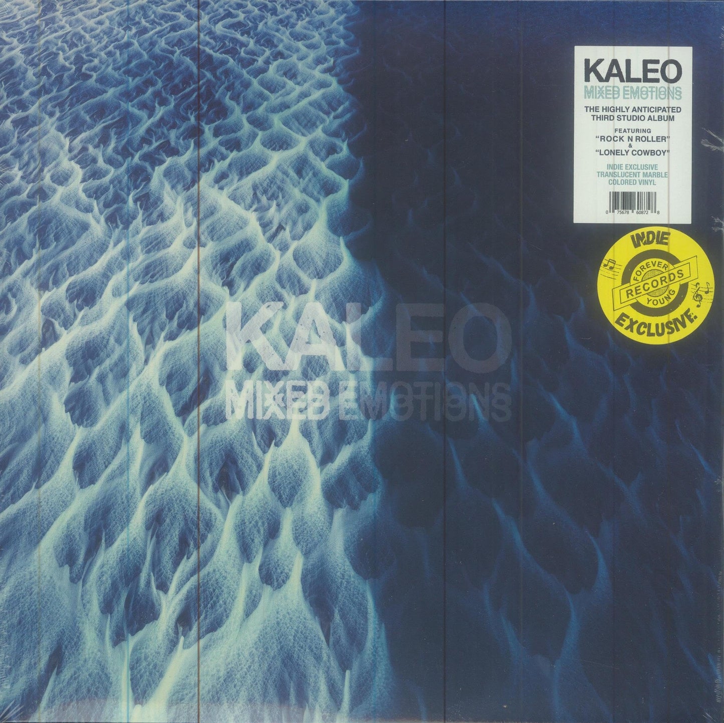 Kaleo’s “Mixed Emotions” vinyl record cover with swirling blue textures.
