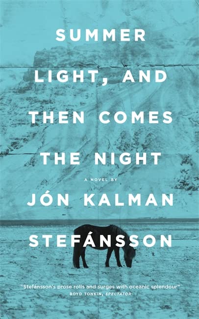 Book cover with blue text over a grainy image of horses and mountains.