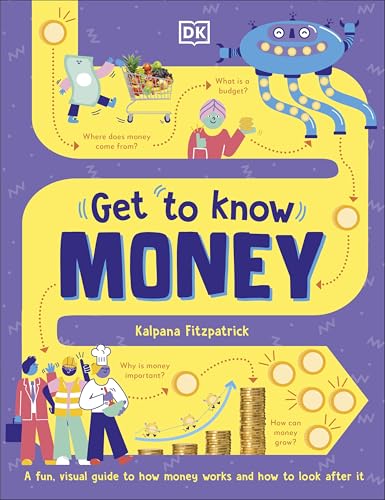 Colorful book cover, "Get to Know Money," with illustrated characters and questions.