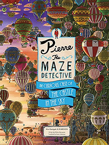Book cover with colorful hot air balloons, a detective, and a castle.