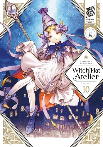 A young witch in a pointed hat and white dress flies over a town.