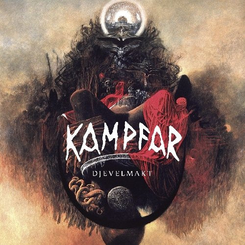 Dark, detailed album cover for Kampfar’s “Djevelmakt” with gothic imagery.