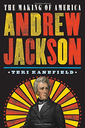 "Book cover featuring Andrew Jackson with red and yellow sunburst design on black background."