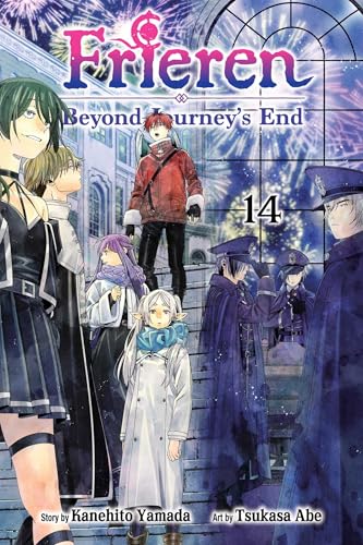 Frieren" manga volume 14 cover with characters in a wintry town scene.
