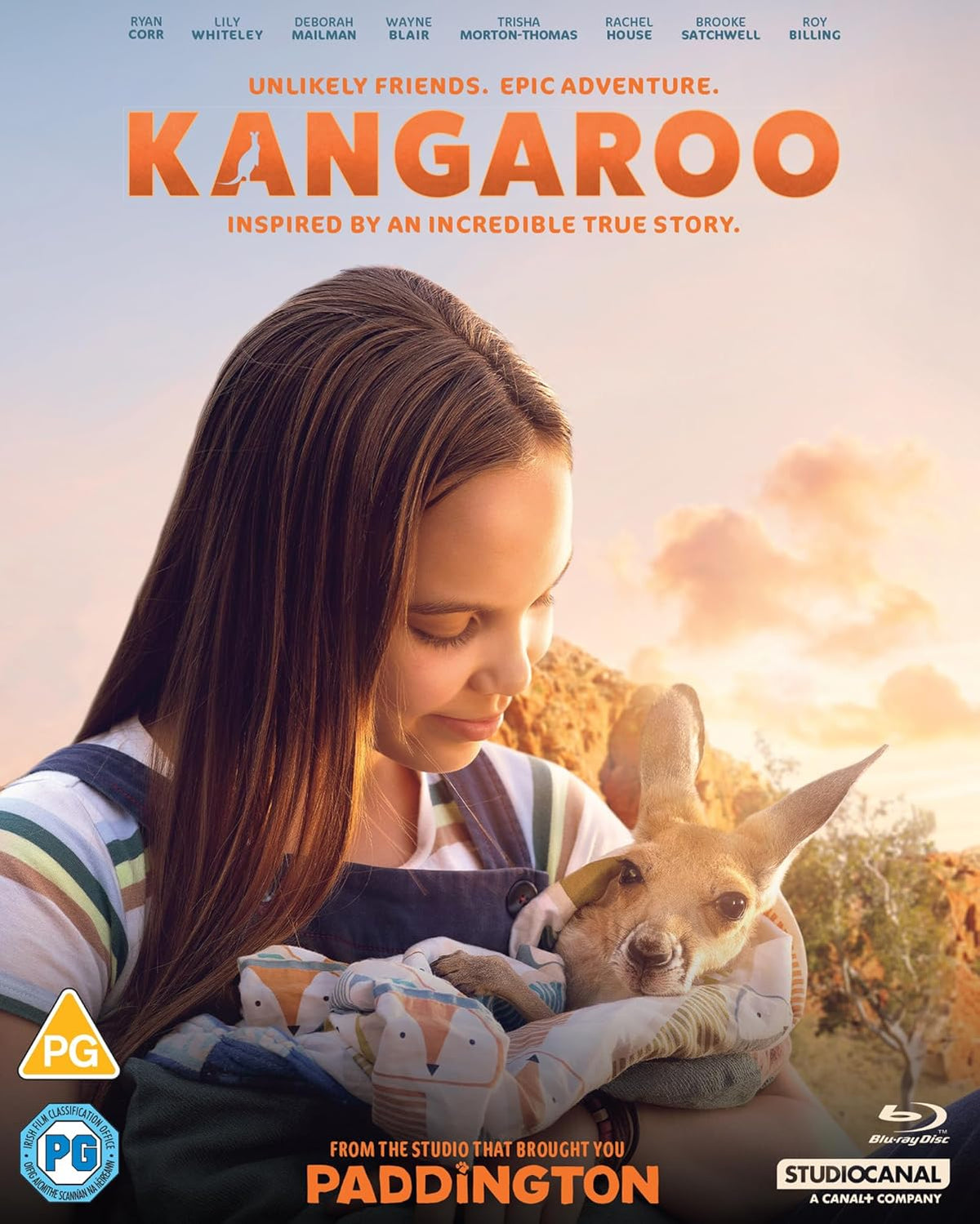 Girl holding a baby kangaroo, movie poster for "Kangaroo" Blu-ray.