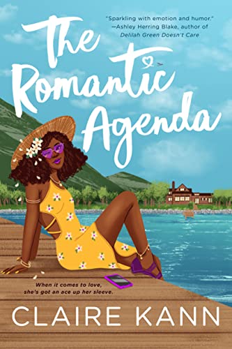 Book cover: woman in yellow dress relaxing by water, title "The Romantic Agenda".