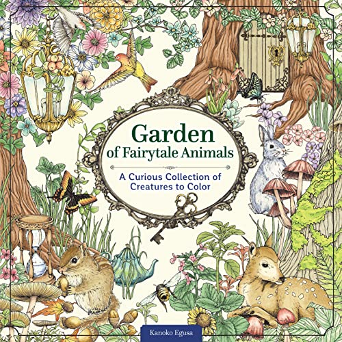 Coloring book cover with fairytale animals in a lush garden scene.
