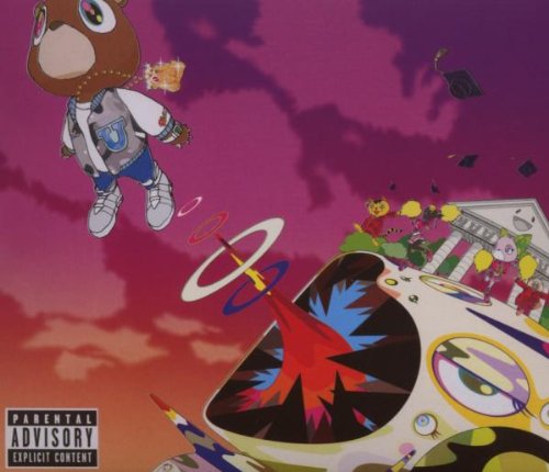 Album cover for Kanye West’s “Graduation” featuring cartoon bear and colorful sky.
