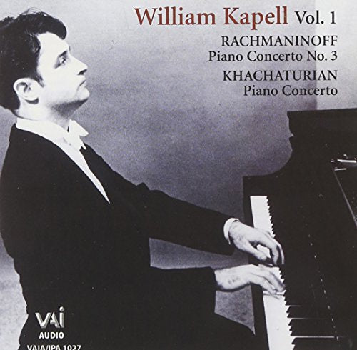 William Kapell at a piano, album cover for Rachmaninoff and Khachaturian.