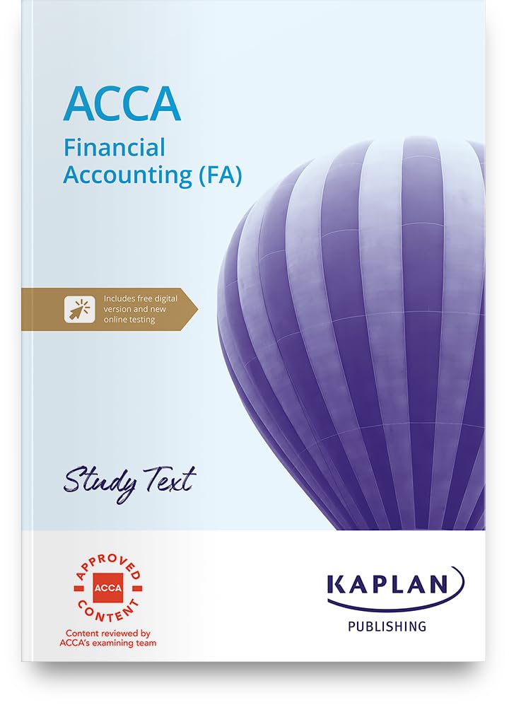 Purple textbook cover with "Financial Accounting (FA)" title and ACCA, Kaplan logos.