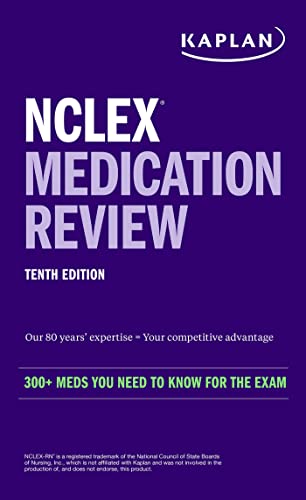 Blue and white Kaplan NCLEX Medication Review tenth edition textbook cover.