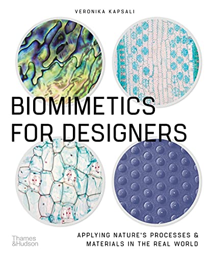 Book cover: “Biomimetics for Designers” with colorful microscopic images.