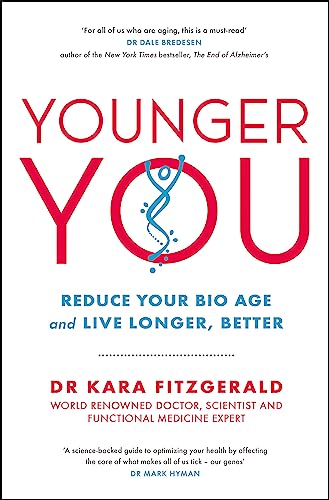 Book cover: "Younger You" with a DNA strand graphic, red and white text.