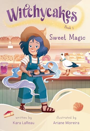 Girl with cakes and a seagull in front of a bakery.