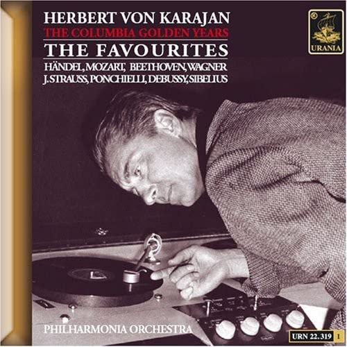 CD cover featuring Herbert von Karajan with a record player.