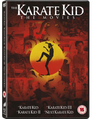 DVD cover for "The Karate Kid" movies, featuring silhouettes and red tones.