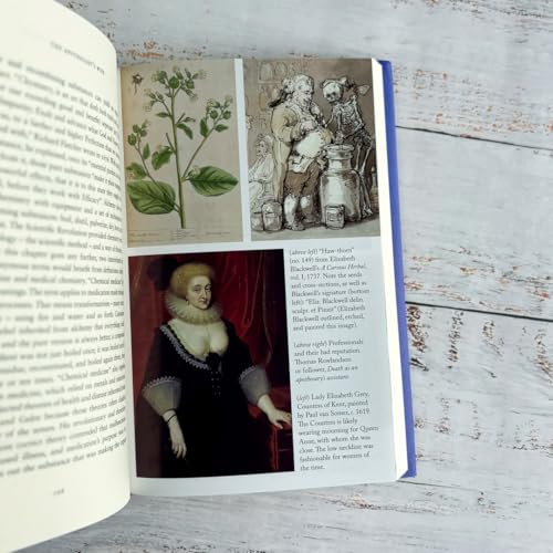 Open book page showing historical illustrations of a plant, a skeleton, and a woman.